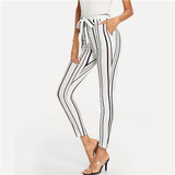 White Vertical Striped Skinny Workwear Women Pants