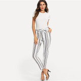 White Vertical Striped Skinny Workwear Women Pants