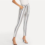 White Vertical Striped Skinny Workwear Women Pants
