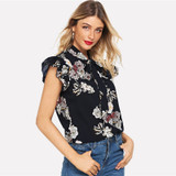 Floral Print Ruffle Neck Tie Flutter Sleeve Blouse