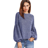 Blue Keyhole Back Lantern Sleeve Blouse