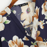Navy Blue Floral V-Placket Curved Dip Hem Asymmetrical Blouse