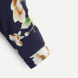 Navy Blue Floral V-Placket Curved Dip Hem Asymmetrical Blouse