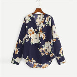 Navy Blue Floral V-Placket Curved Dip Hem Asymmetrical Blouse