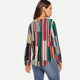Multi color Striped Round Neck Long Sleeve Blouse