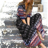 Long V-neck Sleeve Floral Printed Ethnic Summer Bohemian (Boho) Dress Long V-neck Sleeve Floral Printed Ethnic Summer Bohemian (Boho) Dress