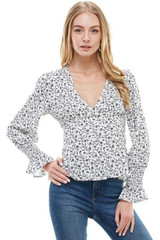 Ditsy Floral Smock Hem Sleeve Neck Blouse