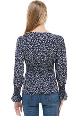 Ditsy Floral Smock Hem Sleeve Neck Blouse