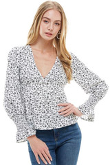 Ditsy Floral Smock Hem Sleeve Neck Blouse