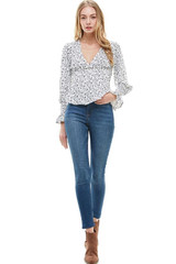 Ditsy Floral Smock Hem Sleeve Neck Blouse