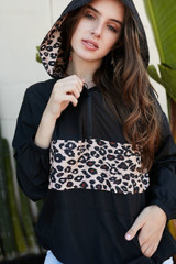 Leopard Print Front Zipper Up Hoodie Sweater