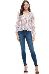 Floral V Neck Smocked Sleeve Peplum Hem Blouse