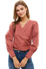 Long Puff Sleeves Surplice Blouse