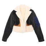 Faux fur and denim Patchwork Lapel Jacket