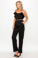 Ruffle Trim Belted Jumpsuit in Black