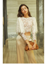 Three-quarter Sleeve Lace Hollow Out Blouse