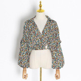 Lantern-sleeve V-Neck crop top in colors