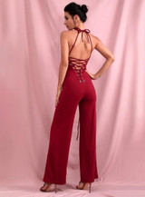 Halter laced-up jumpsuit in wine red