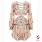 High Quality  Summer V-neck Sexy Backless Long Sleeve Floral Print Mini Dress High Quality  Summer V-neck Sexy Backless Long Sleeve Floral Print Mini Dress