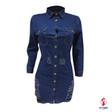 Women Sexy Holes Jeans Dress Buttons Up Turn Down Collar Long Sleeve Denim Mini Night Club Party Dresses