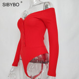 Off Shoulder Strapless Skinny V-Neck Long Sleeve Button Sexy Bodysuit