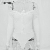 Off Shoulder Strapless Skinny V-Neck Long Sleeve Button Sexy Bodysuit