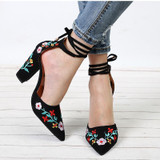 High Heels Plus Size Embroidery Pumps Flower Ankle Strap Shoes