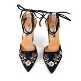 High Heels Plus Size Embroidery Pumps Flower Ankle Strap Shoes
