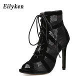 Fashion Black Sandals Lace Up Cross-tied Peep Toe High Heel Ankle Strap