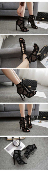 Fashion Black Sandals Lace Up Cross-tied Peep Toe High Heel Ankle Strap