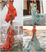 Elegant Polka dot boho midi dress Sexy v-neck strap A-line