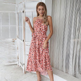 Ruffles O-neck Sleeveless Shoulder Dress Print Sashes