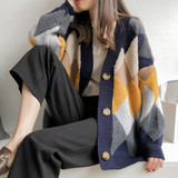 Casual Plaid V-Neck Cardigans Single Breasted Puff Sleeve Loose