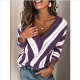 Striped Fashion V Neck Long Sleeve Sweater