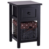 2 Tier 1 Drawer Bedside Organizer Wood Nightstand w/ Basket-Black