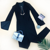 Black Plunging Cloak Sleeve Tapered Jumpsuit