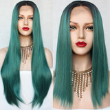 Black Green Ombre Color Short/Long Straight Lace Wig Smooth Wigs with Natural Hairline Synthetic Lace Front Wigs for Black Women