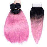 Rose Pink Hair With Closure Two Tone Ombre  Brazilian Hair Weave Bundles Remy Hair