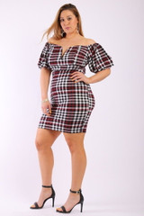 Burgundy Plus Size Plaid Puff Sleeve Bodycon Dress