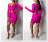 Trendy zipper detail off the shoulder jacket skirt set