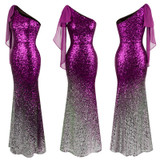 Elegant Vintage One Shoulder Sequin Gradient Mermaid Formal Prom Party Dress