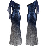 Elegant Vintage One Shoulder Sequin Gradient Mermaid Formal Prom Party Dress