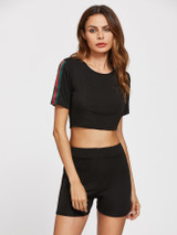 Trendy side stripe crop top shorts set