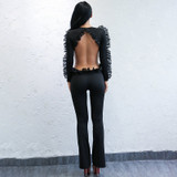 “Nova” black ruffle detail open back jumpsuit