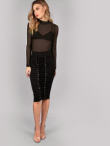 Black sheer mock neck long sleeve bodysuit