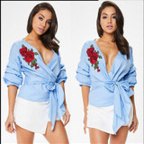 “Bella” rose detail wrap bow tie blouse