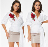 “Bella” rose detail wrap bow tie blouse