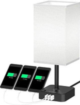 COZOO USB Bedside Table Desk Lamp with 3 USB Charging Ports,Black Charger Base with White Fabric Shade, LED Light for Bedroom/Nightstand/Living Room/Office/Desktop