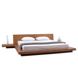 King size Modern Japanese Style Platform Bed with Headboard and 2 Nightstands in Oak