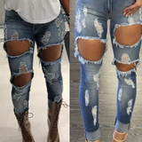 Stretch Hole Jeans Ripped Pencil High Waist Slim Pencil Denim Jeans